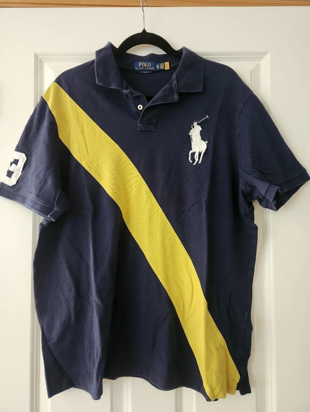 Ralph Lauren Navy Polo with Yellow Diagonal Stripe, XL